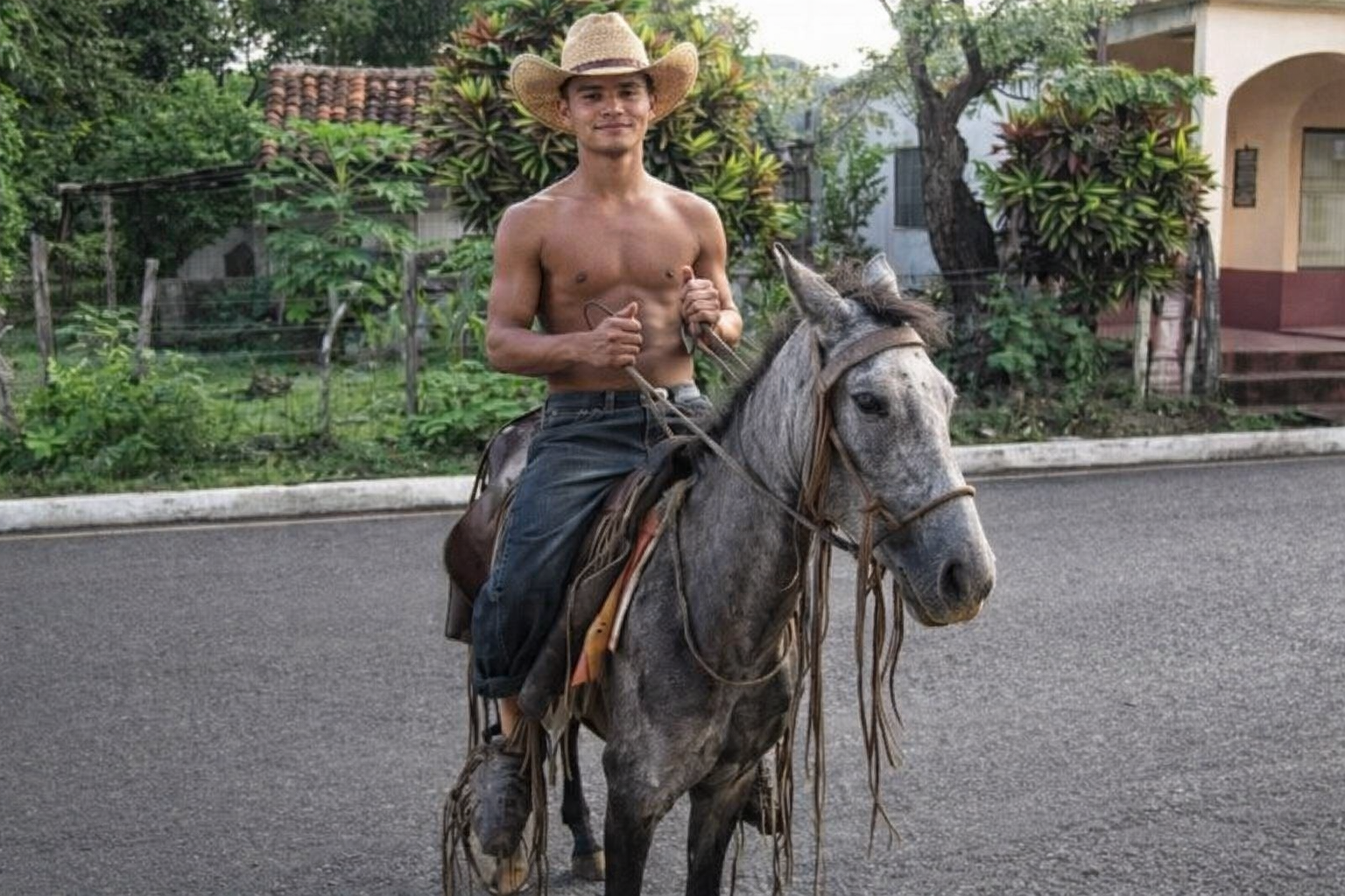 Young man on horseback in the village