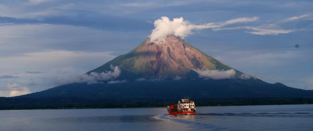 Ferry approaching Ometepe with Volc&aacute;n Concepci&oacute;n