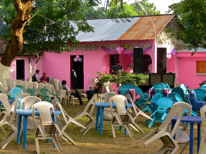 Party setup at a pink village house